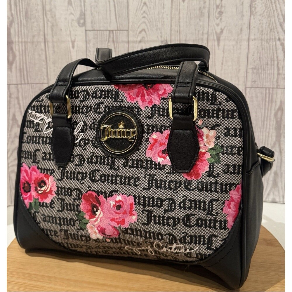 Juicy Couture Logo Dome Satchel Crossbody Zip Bag Black/Pink Floral Graphic NWOT